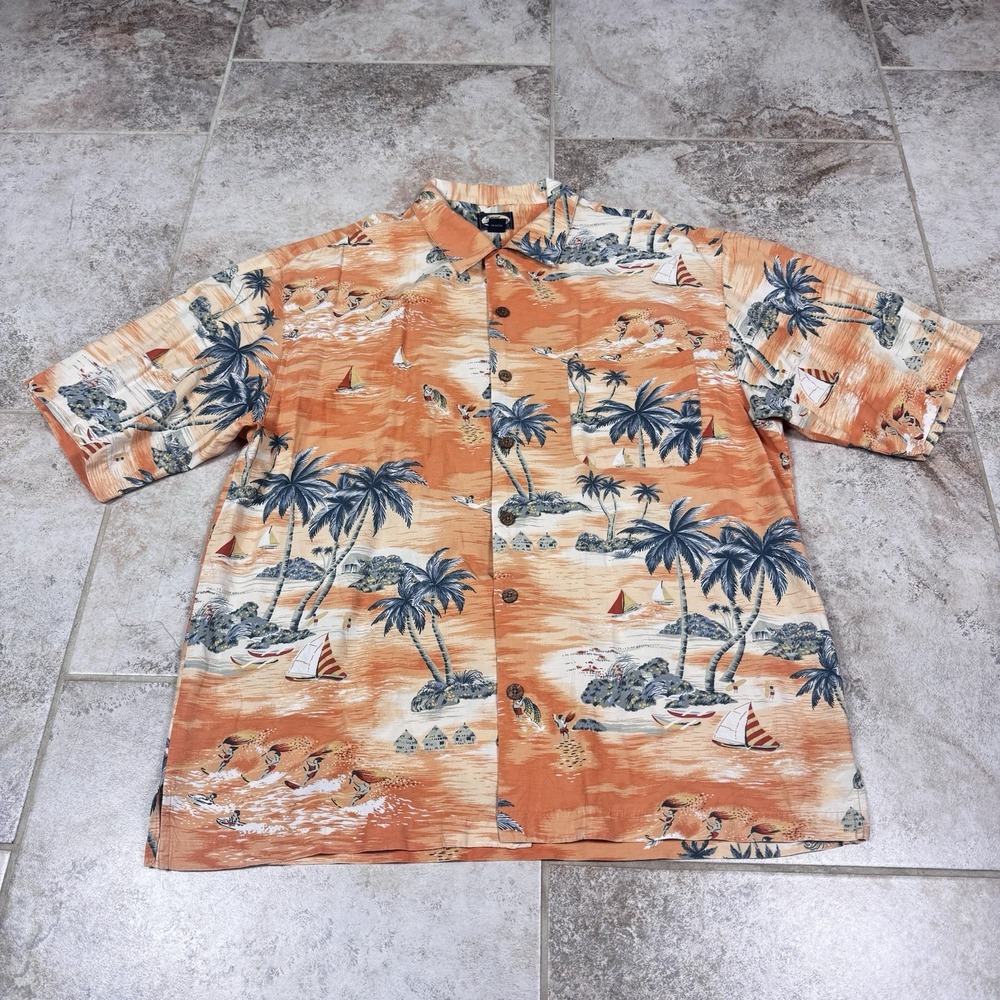 Tommy Bahama Shirt Men's Orange Floral Beach Palm Tree Short Sleeve Large‎